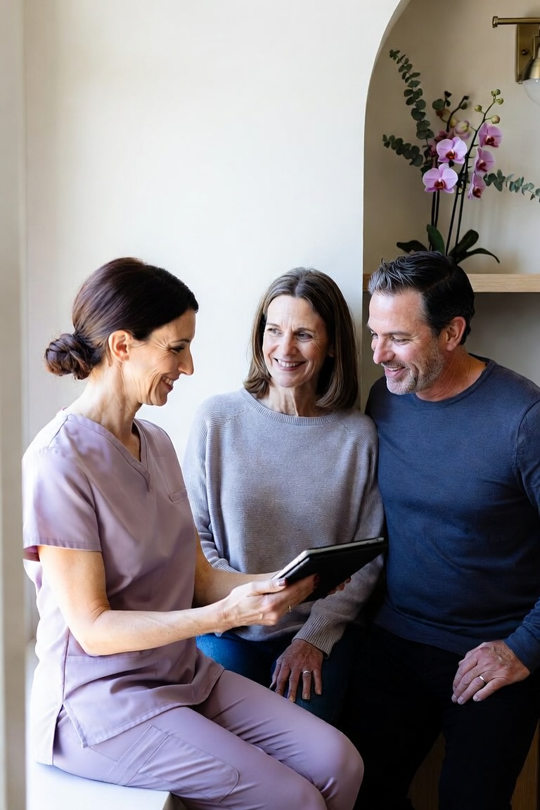 Nurse practitioner reviewing lab results on a tablet with a smiling couple during a whole-person primary care visit in Lincoln and Friend, Nebraska