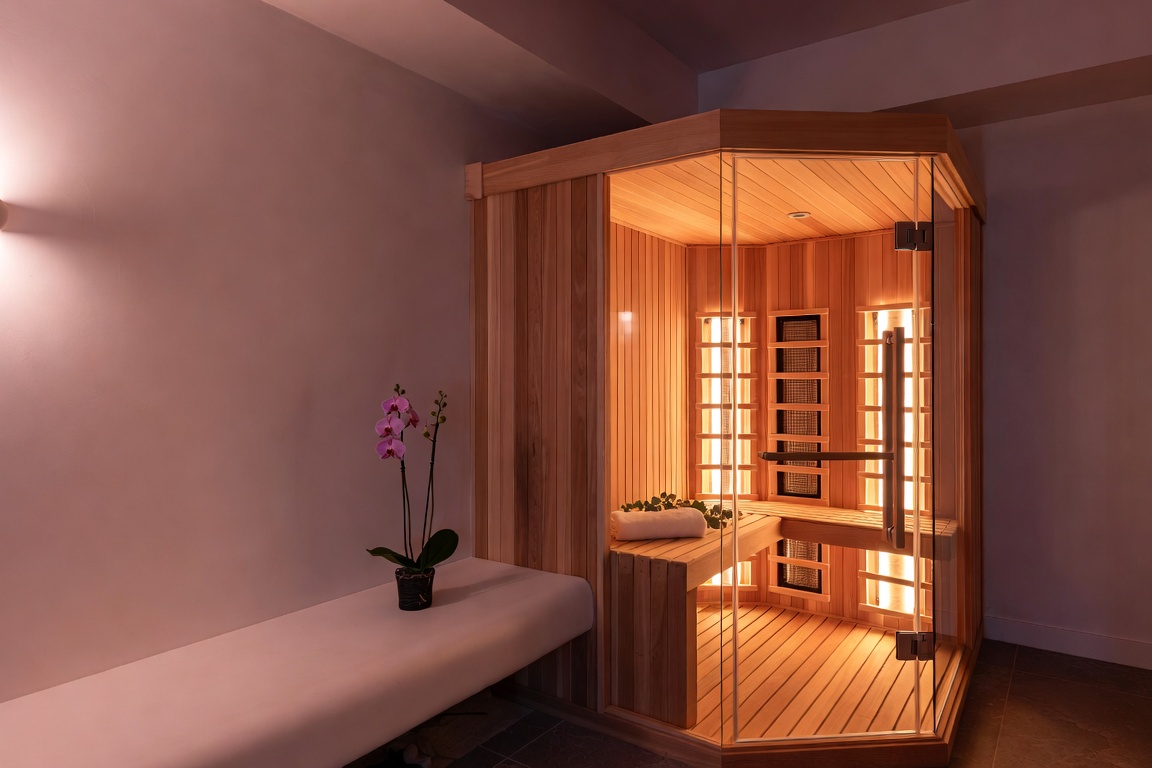 Private infrared sauna suite at Complete Rural Medicine wellness clinic in Nebraska