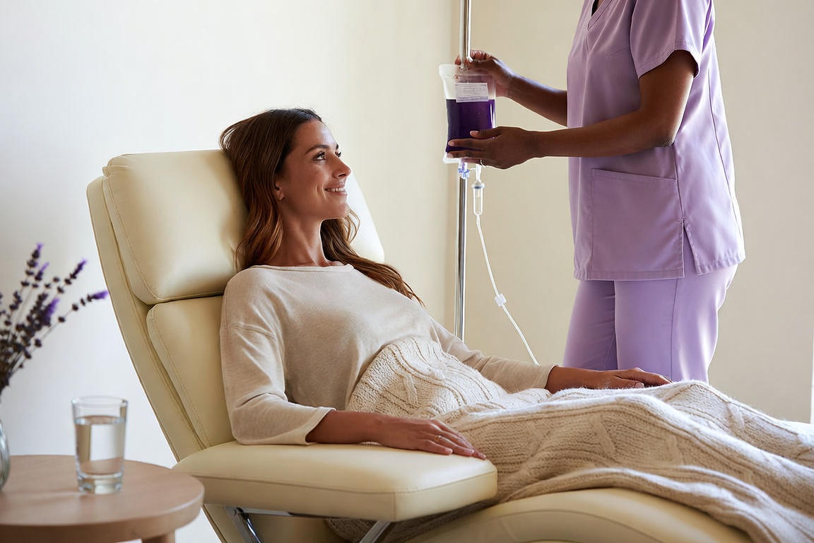 Woman relaxing during IV hydration therapy at Complete Rural Medicine in Lincoln, NE